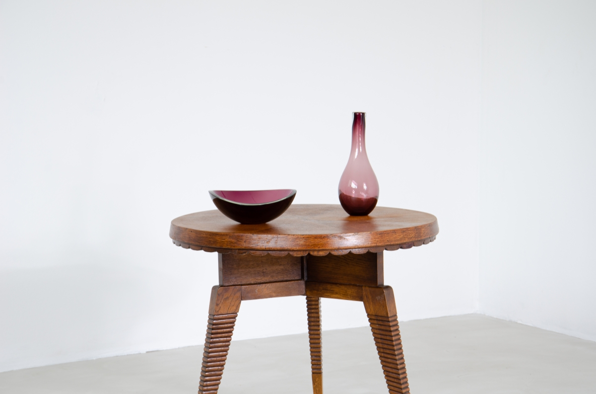 Pier Luigi Colli, refined elm wood coffee table with three finely carved legs and wave pattern top.  Colli Torin 1940's.