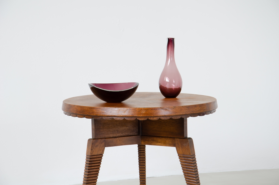 Pier Luigi Colli, refined elm wood coffee table with three finely carved legs and wave pattern top.  Colli Torin 1940's.