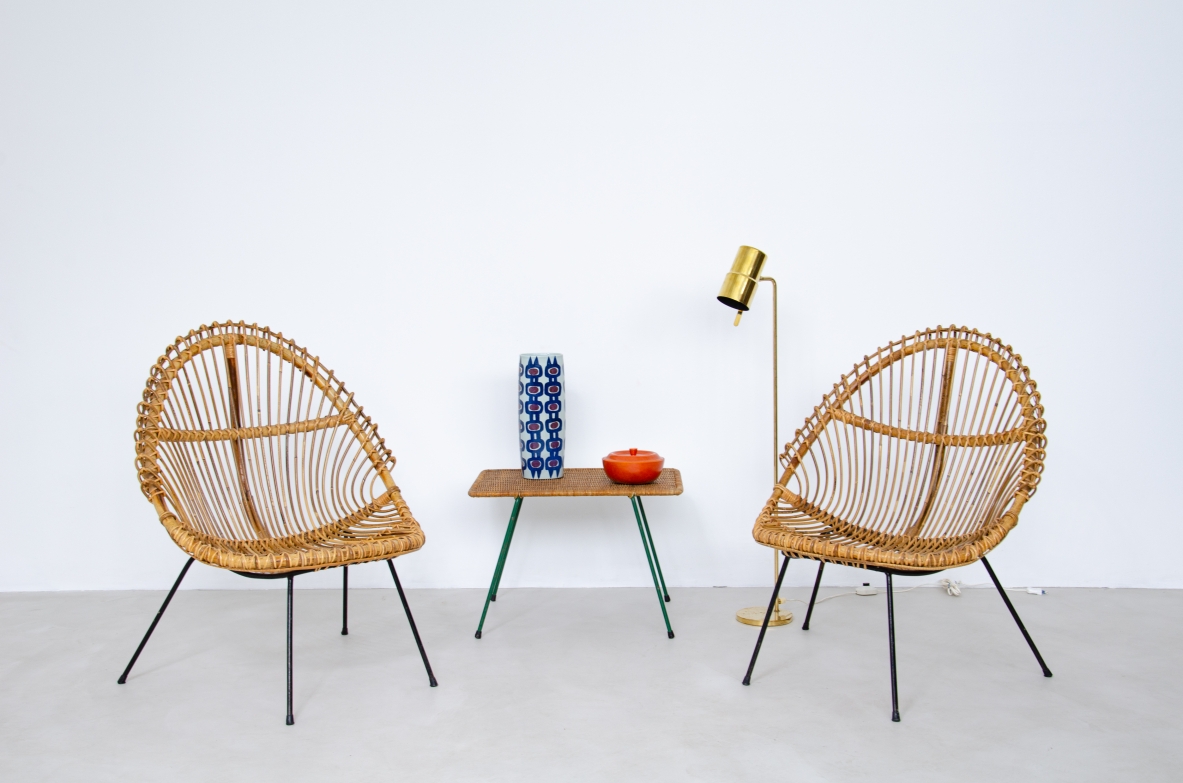 Pair of nice curved rattan chairs with metal legs, Italy1950's.