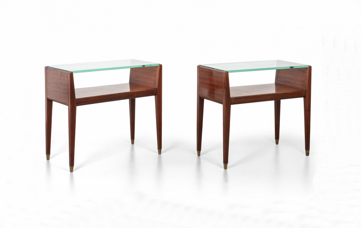 Pair of wooden bedside tables with glass top and brass tips. Italian manufacture, 1950's. 