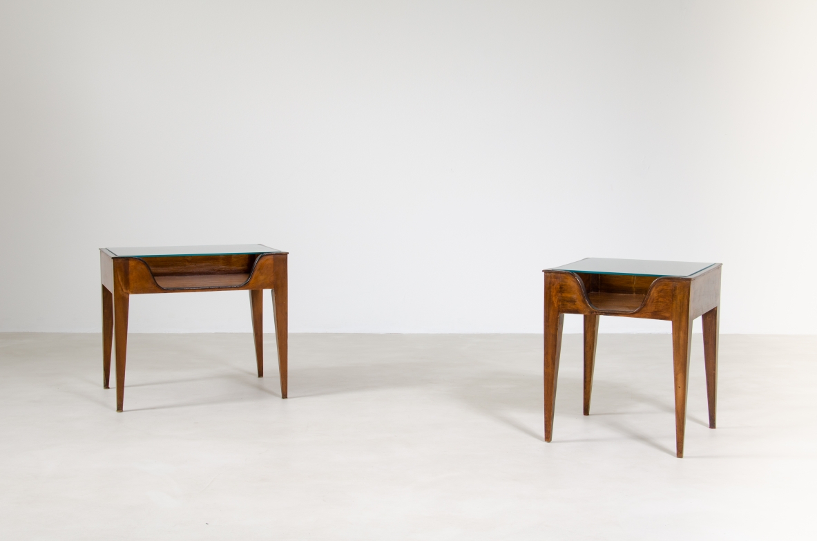Gio Ponti, 1950's pair of side tables in walnut with glass top.