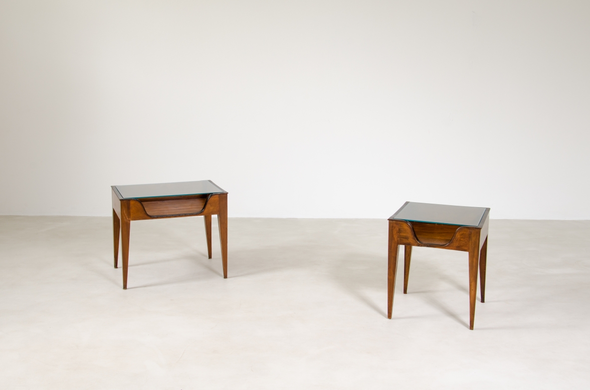 Gio Ponti, 1950's pair of side tables in walnut with glass top.