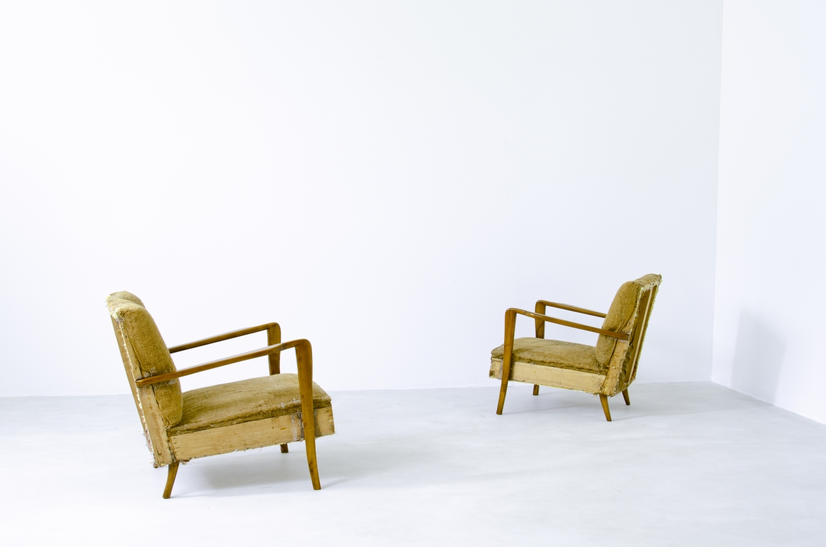 Coppia di poltroncine con imbottitura originale in fibre vegetali. Prod. Cassina, 1950ca.