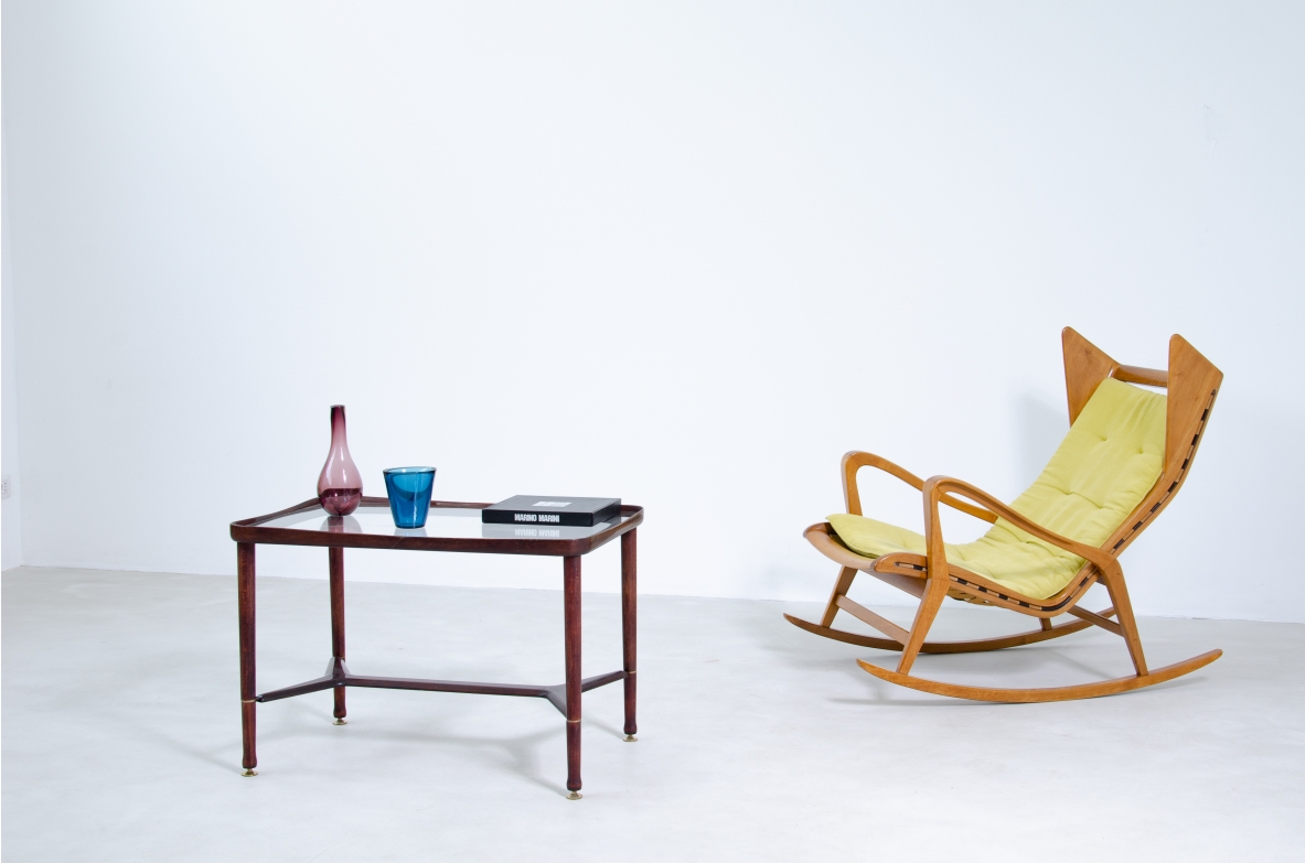 Ico Parisi, 1950's coffee table in mahogany with brass details and glass top.
