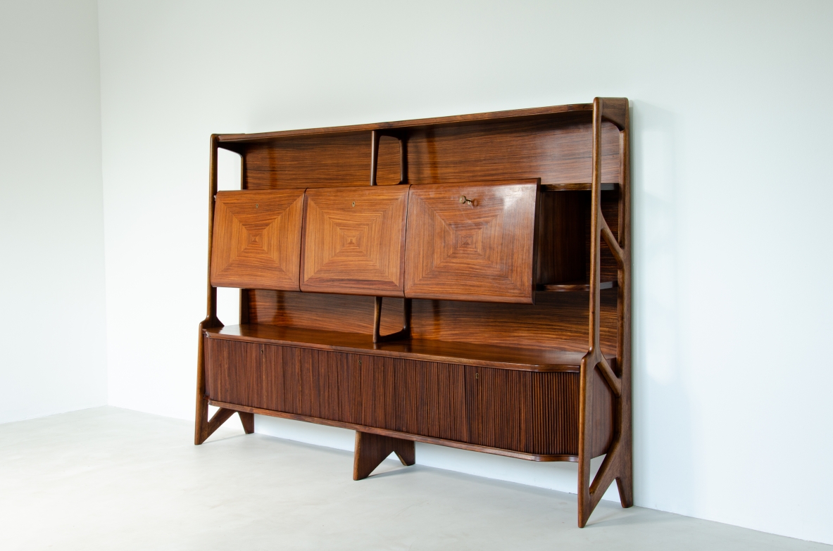 Ico Parisi, high cabinet with three central flap compartments and ribbed wood doors.