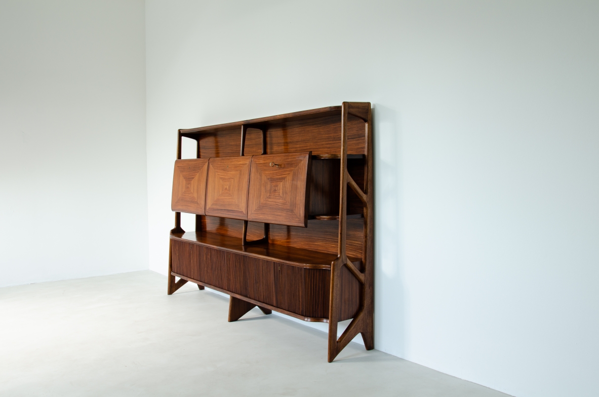 Ico Parisi, high cabinet with three central flap compartments and ribbed wood doors.