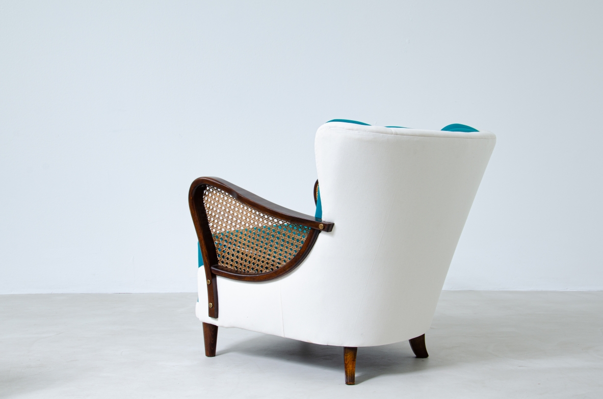Rare pair of armchairs with armrests in wood and Vienna straw.  Italian manufacture, 1940's.  Attr. Paolo Buffa.