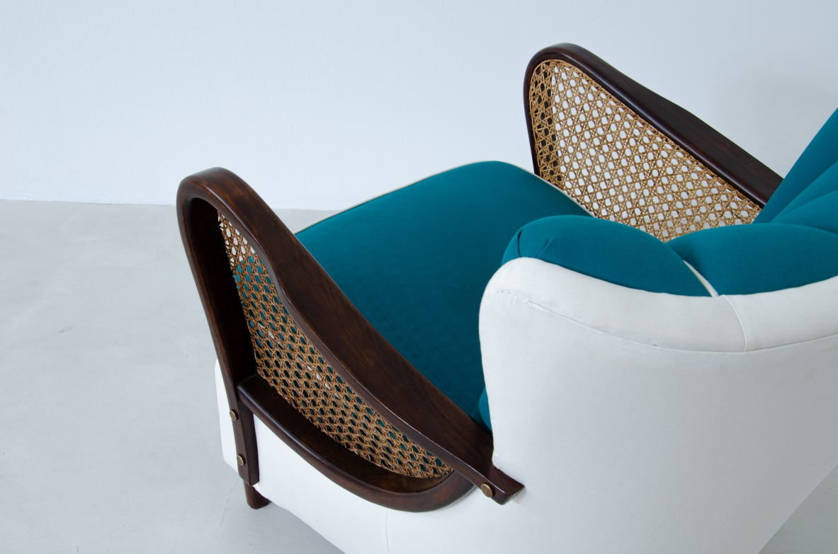 Rare pair of armchairs with armrests in wood and Vienna straw.  Italian manufacture, 1940's.  Attr. Paolo Buffa.