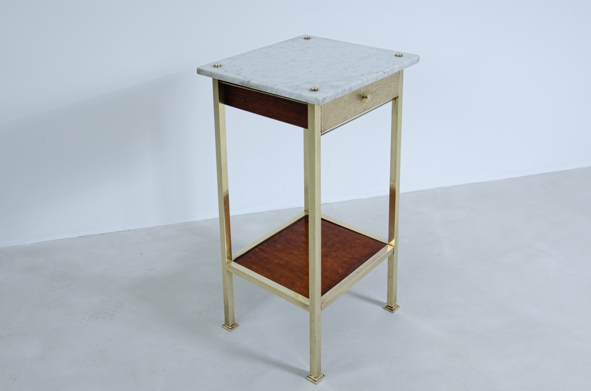 Pair of brass and wood bedside tables with marble tops.  Italy, 1920s / 1930s.
