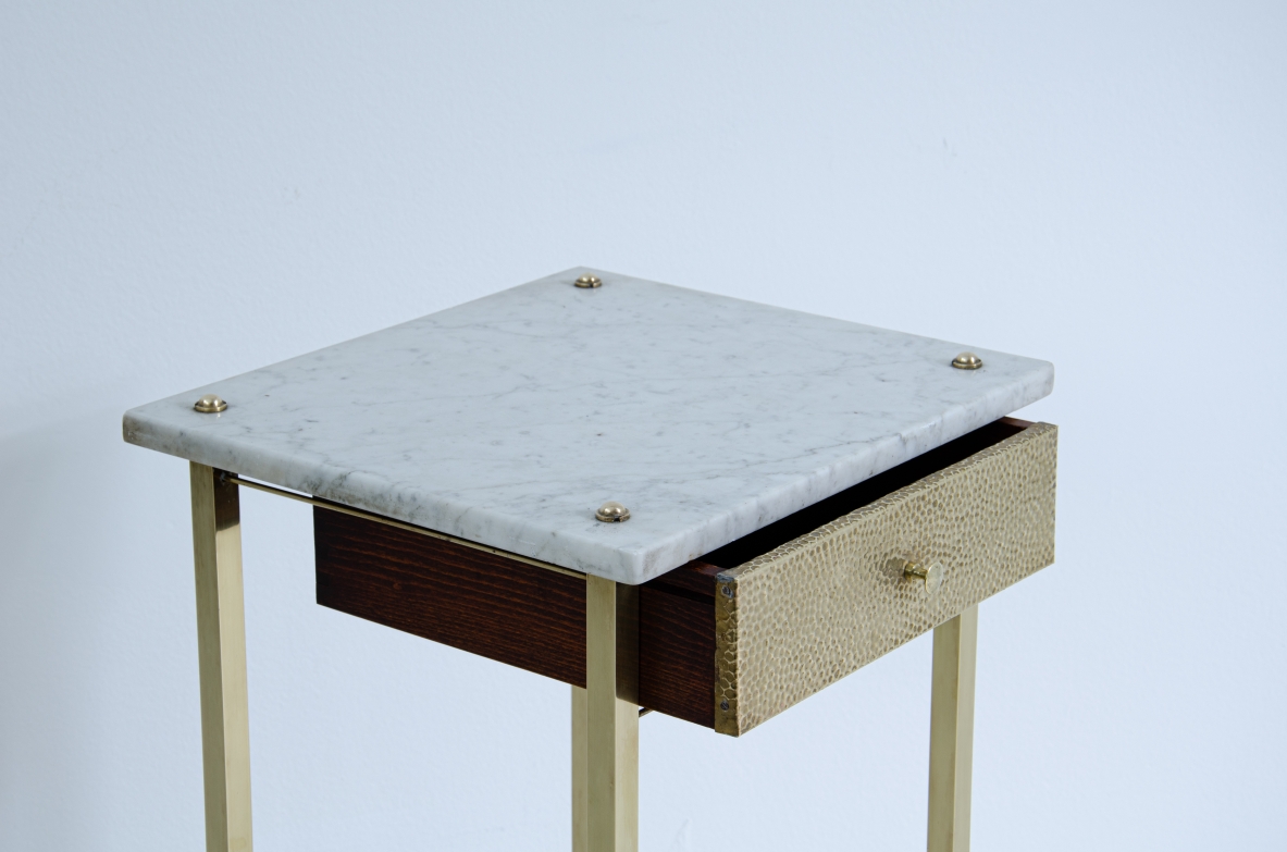 Pair of brass and wood bedside tables with marble tops.  Italy, 1920s / 1930s.
