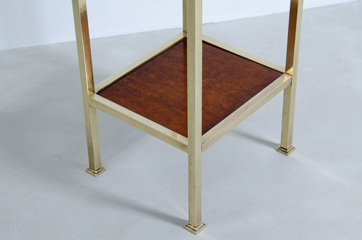 Pair of brass and wood bedside tables with marble tops.  Italy, 1920s / 1930s.
