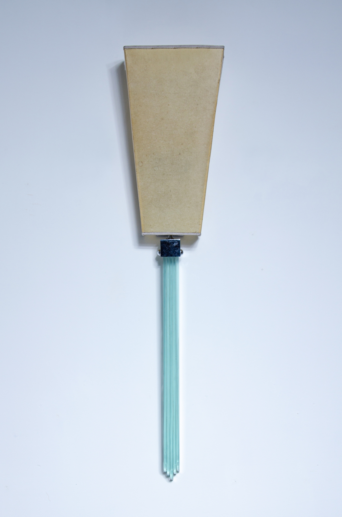 Large thick glass wall lamp with metal structure and parchment lampshade.  Brusotti & C. 1940ca.