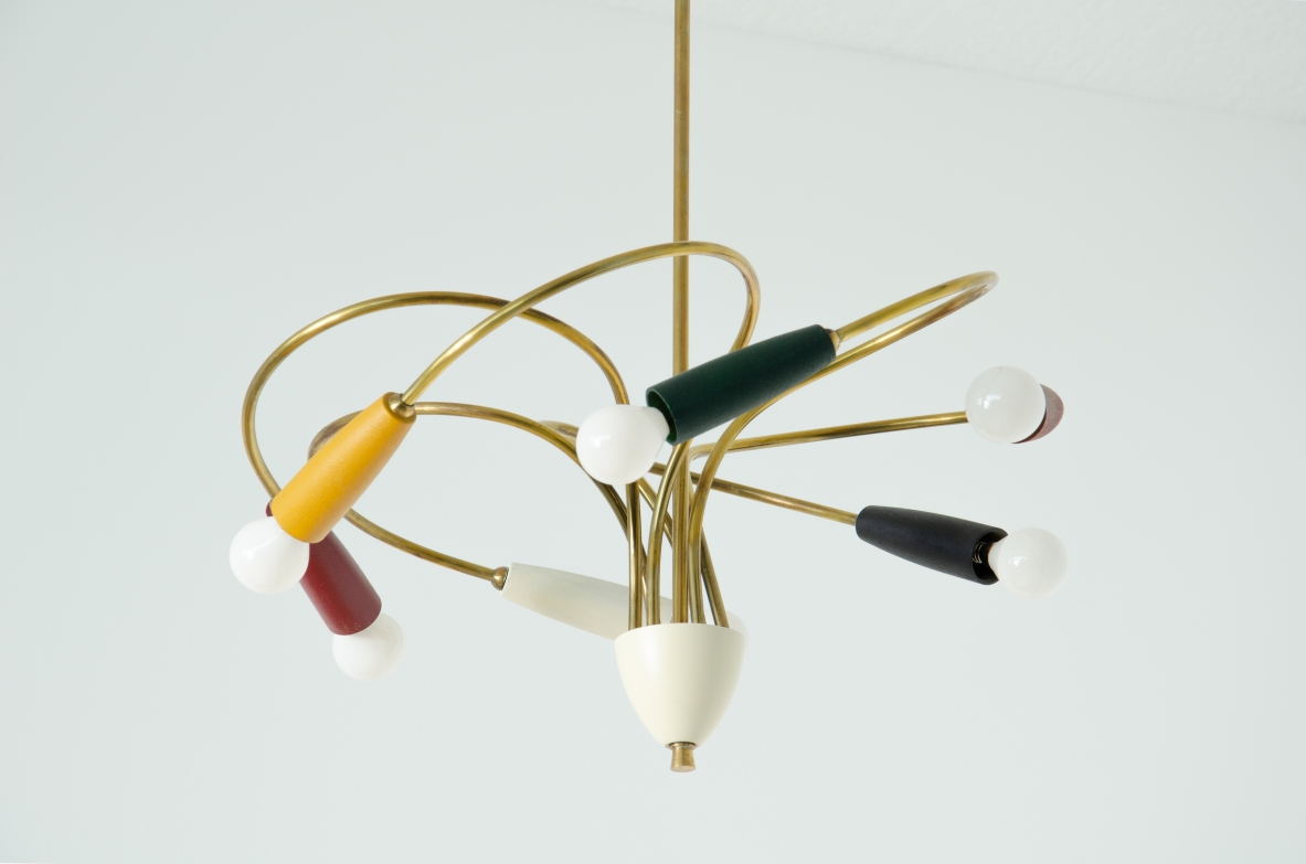 Small six-light chandelier in brass and colored metal.  Italian manufacture from the 1950s.