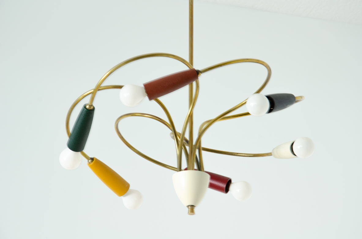 Small six-light chandelier in brass and colored metal.  Italian manufacture from the 1950s.