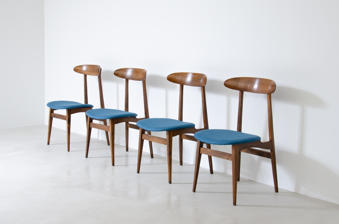Set of 4 chairs in wood and upholstered fabric.  Italian manufacture 1960s.