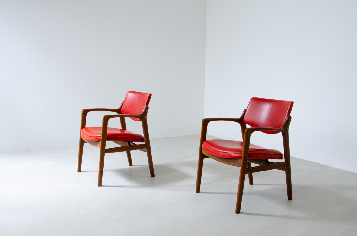 Pair of seats with armrests in teak upholstered and covered with leather.  Denmark, 1960's.