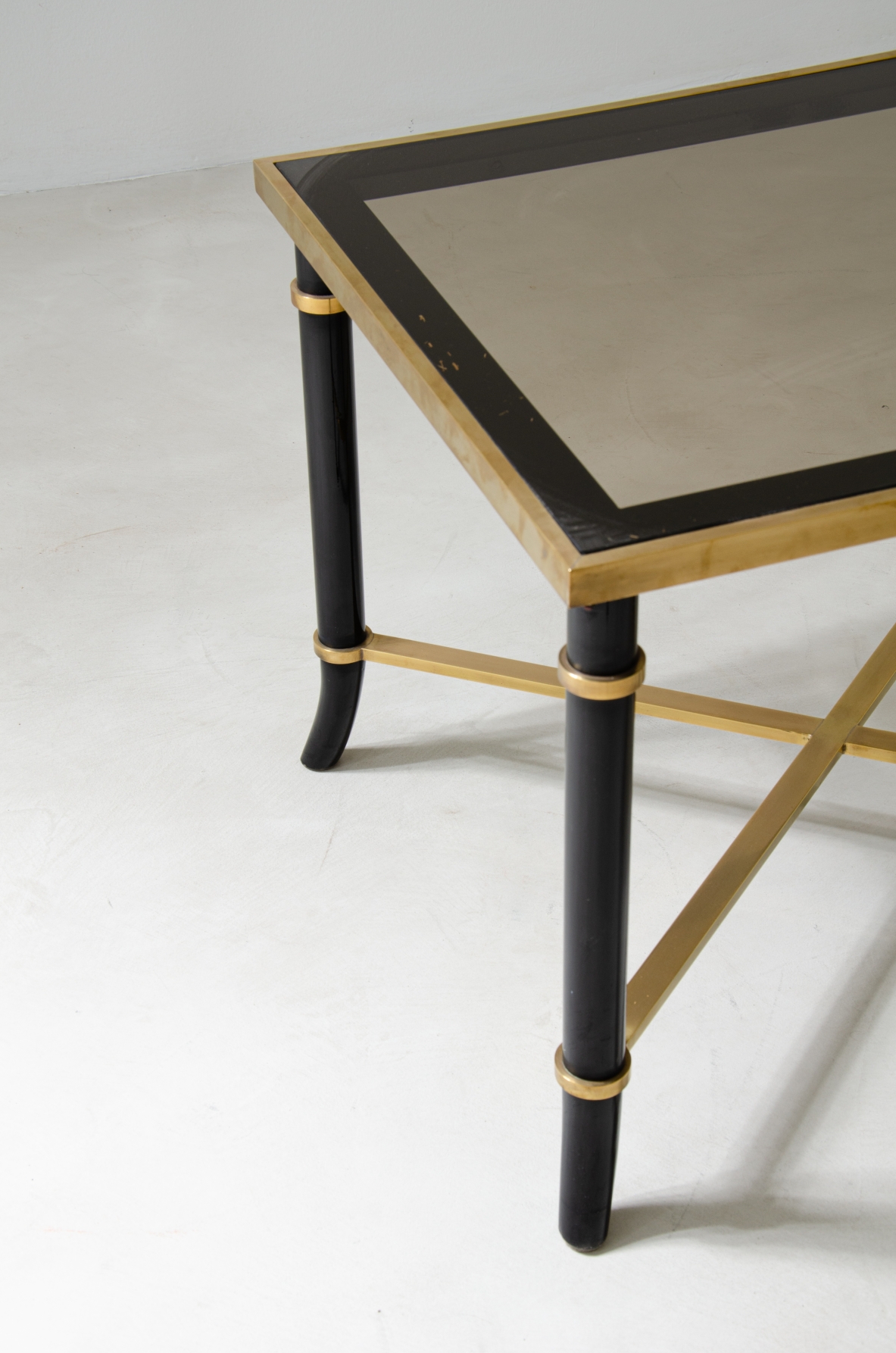 Pair of coffee tables in metal and brass with original burnished glass top.  1970's Italian manufacture.