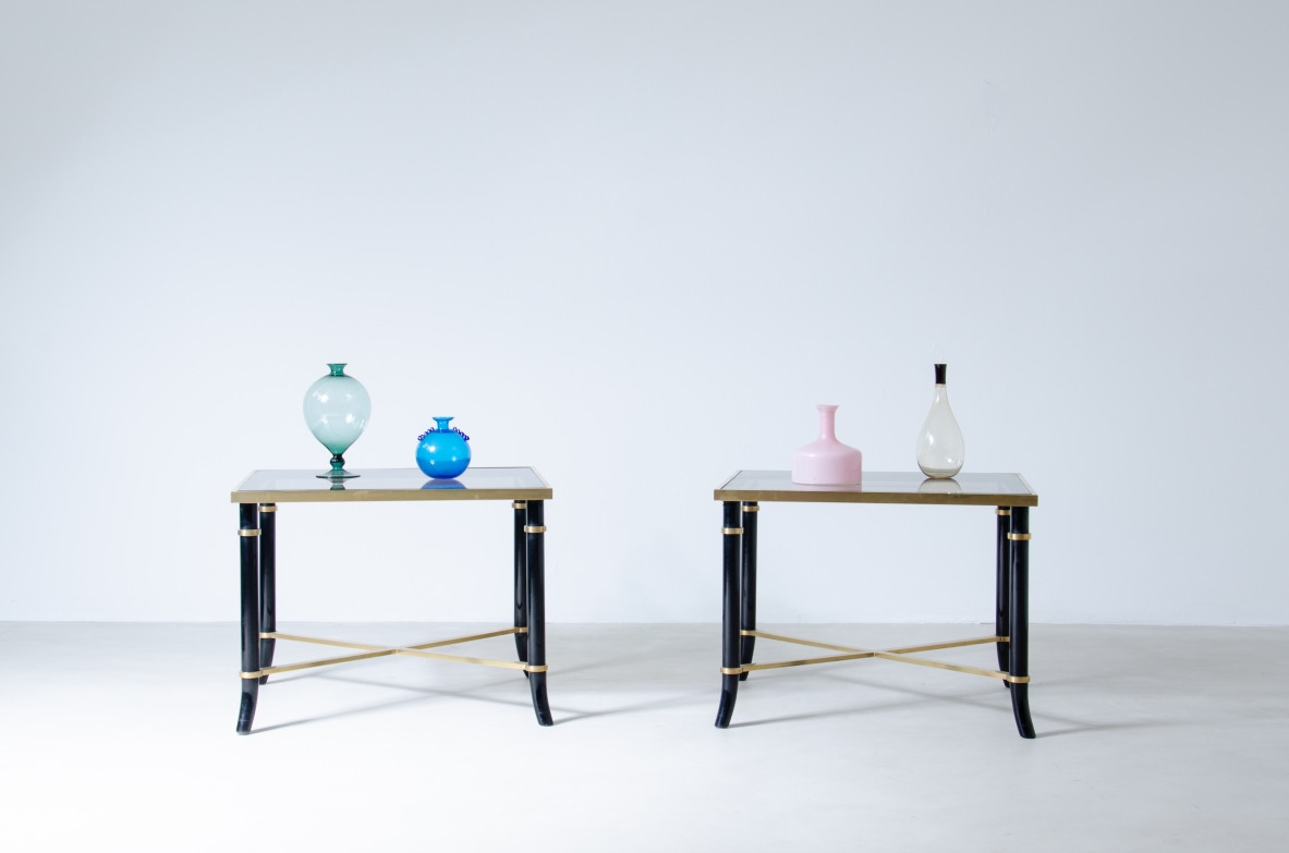 Pair of coffee tables in metal and brass with original burnished glass top.  1970's Italian manufacture.