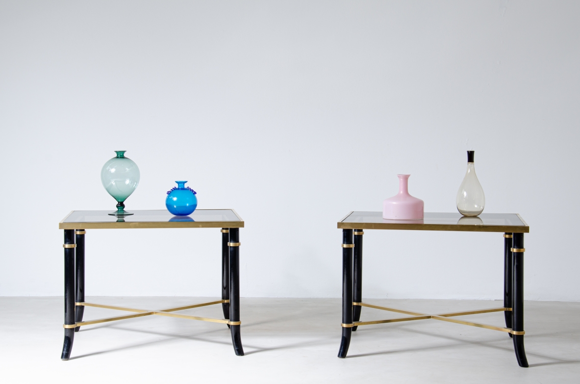 Pair of coffee tables in metal and brass with original burnished glass top.  1970's Italian manufacture.