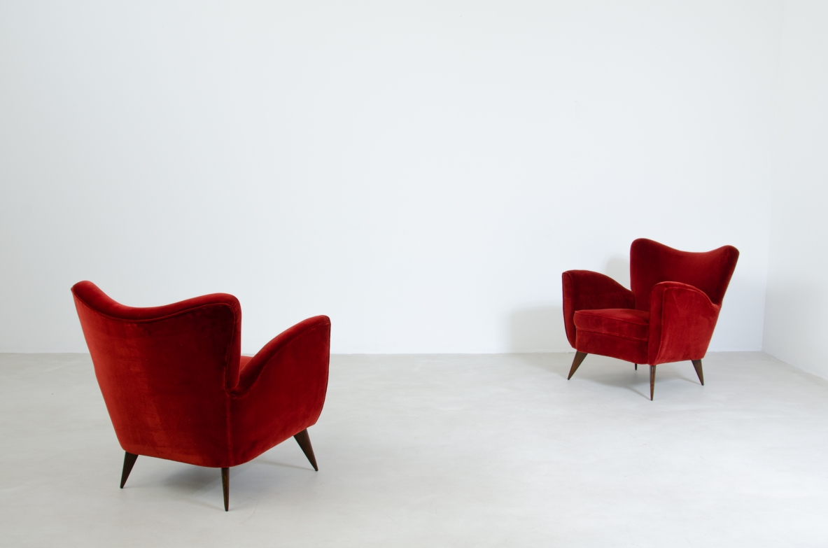 armchairs upholstered in velvet.  Isa Manufactory, Bergamo, Italy, 1950's.