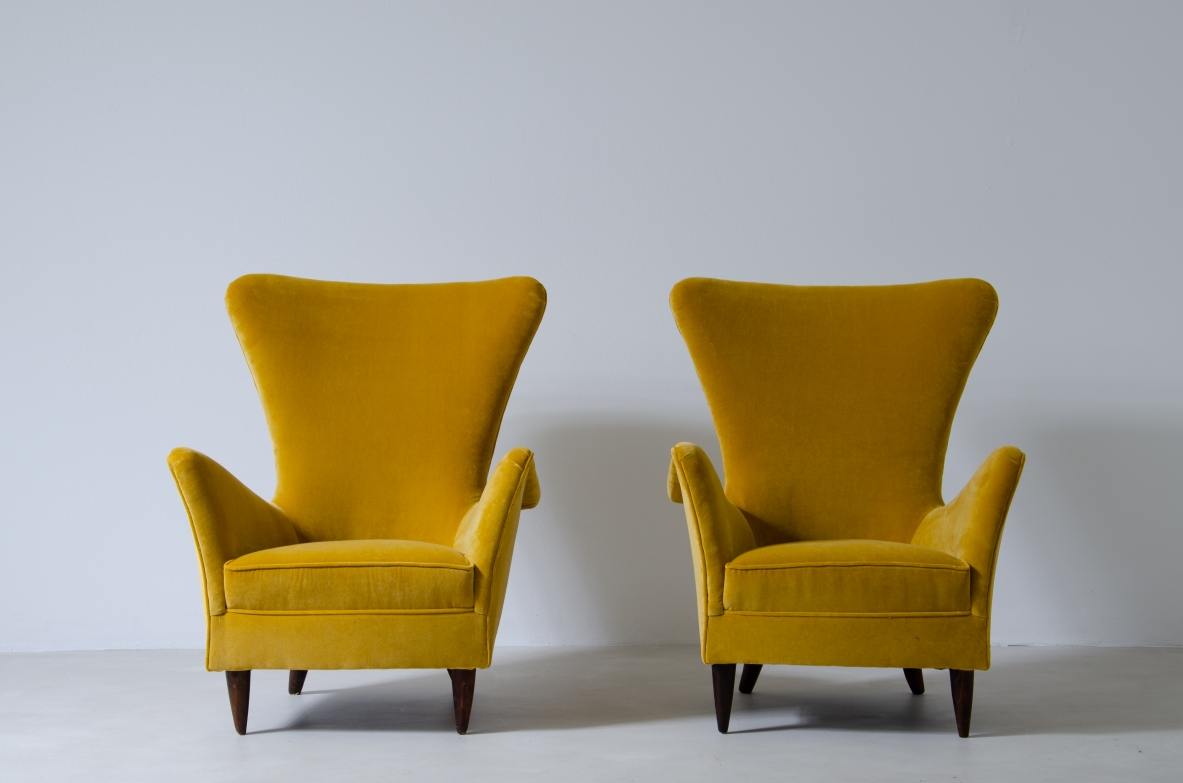 Pair of sculptural high back armchairs with velvet upholstery.  Italian manufacture, 1950s.