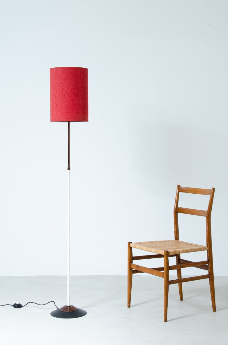 Stilnovo, floor lamp in anodized and painted metal with fabric lampshade.  Model 4072.1950s.  Original manufacturer label.