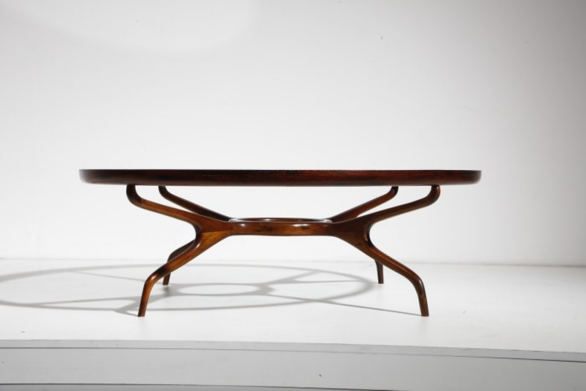 Giuseppe Scapinelli, large coffee table with organically shaped structure in rosewood and glass top, 1960s. 