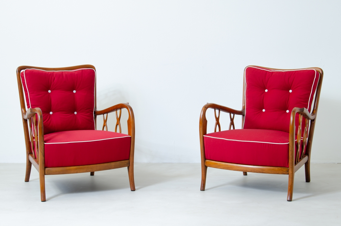 Pair of cherry wood armchairs with ribbon motif on the sides. Seat and back in padded fabric.  Attribution Paolo Buffa 1930s.