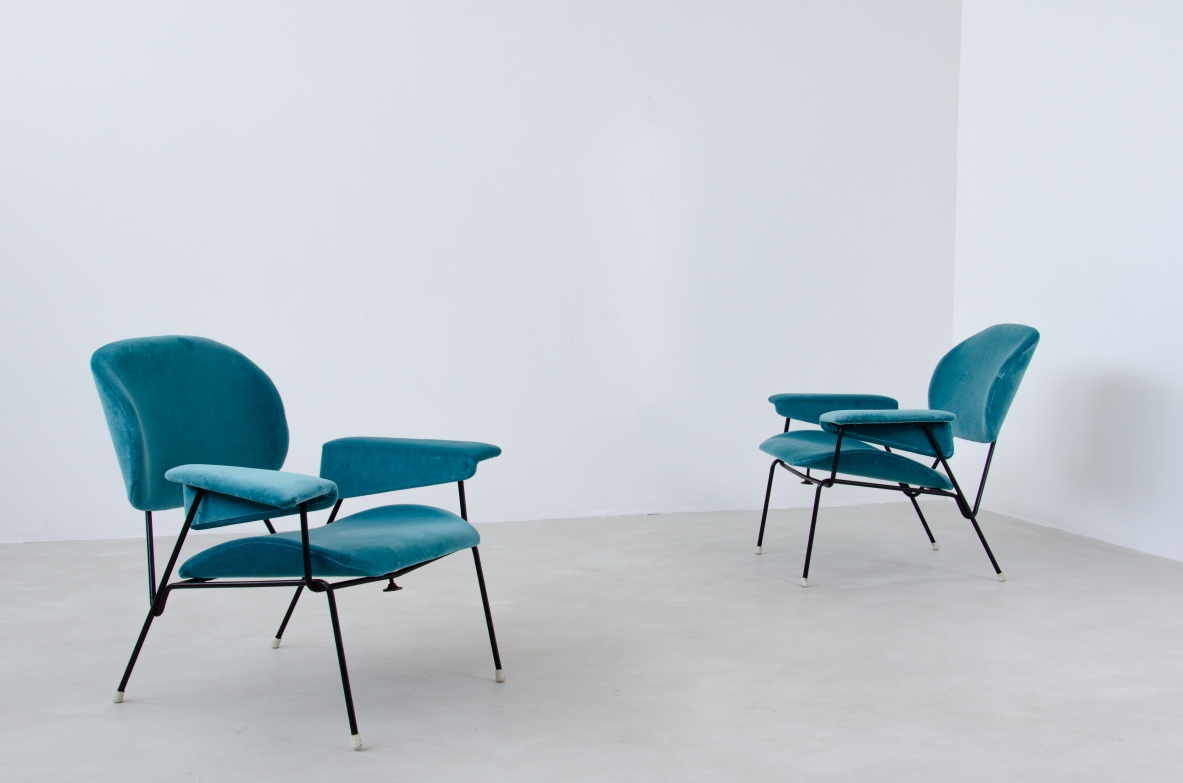 Augusto Bozzi, pair of armchairs with iron structure and upholstered fabric.  Saporiti Italia, 1960's.  Public Domus 388. 1963.