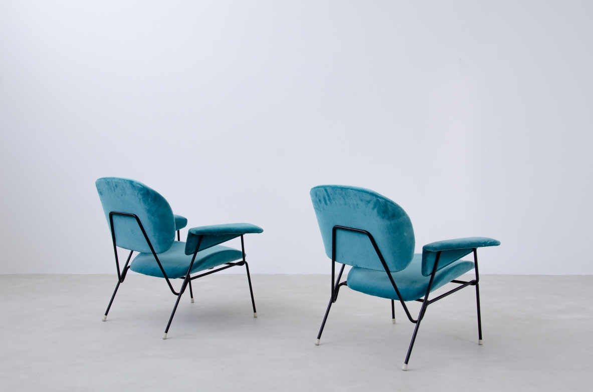 Augusto Bozzi, pair of armchairs with iron structure and upholstered fabric.  Saporiti Italia, 1960's.  Public Domus 388. 1963.