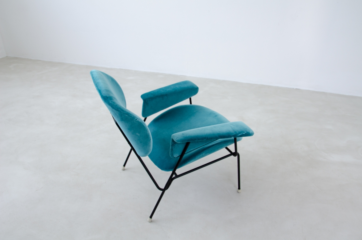 Augusto Bozzi, pair of armchairs with iron structure and upholstered fabric.  Saporiti Italia, 1960's.  Public Domus 388. 1963.