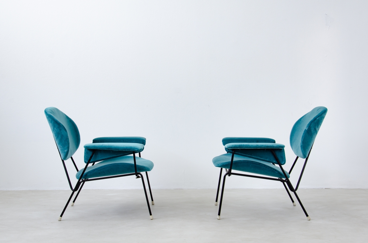 Augusto Bozzi, pair of armchairs with iron structure and upholstered fabric.  Saporiti Italia, 1960's.  Public Domus 388. 1963.