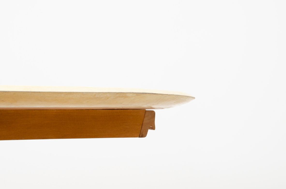Rare Italian 1950's round table with parchment top, four drawers and marble base.