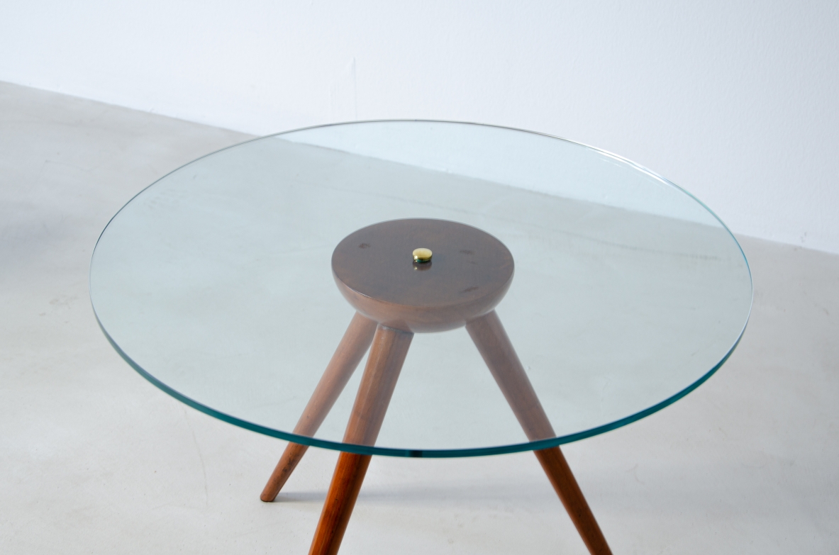 Pair of coffee tables in cherry wood with thick glass top.  Italian manufacture, 1950's.
