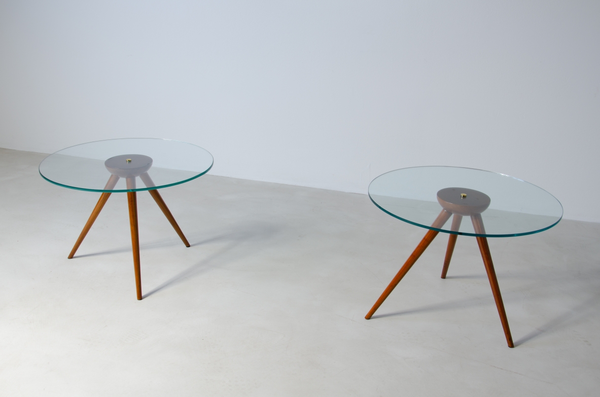 Pair of coffee tables in cherry wood with thick glass top.  Italian manufacture, 1950's.