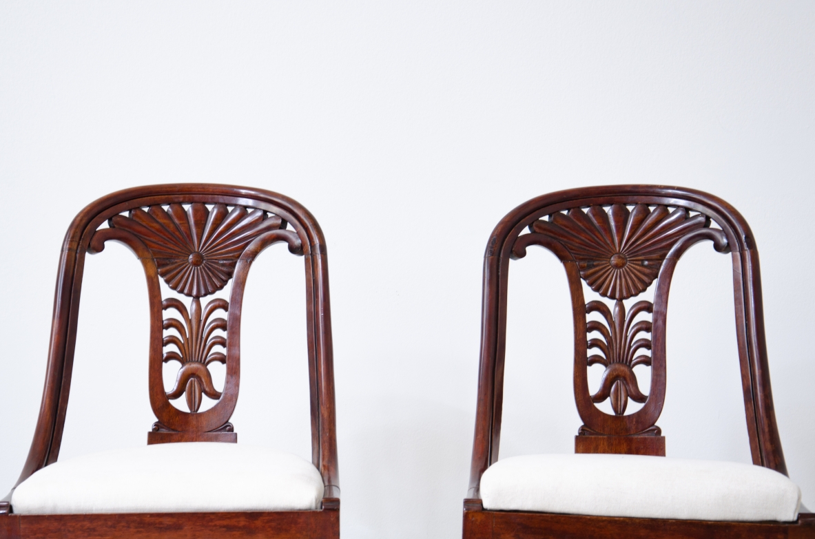 Rare set of 12 antique walnut cockpit chairs in walnut with carved back.  Charles X period,  Northern Italy, around 1830s.
