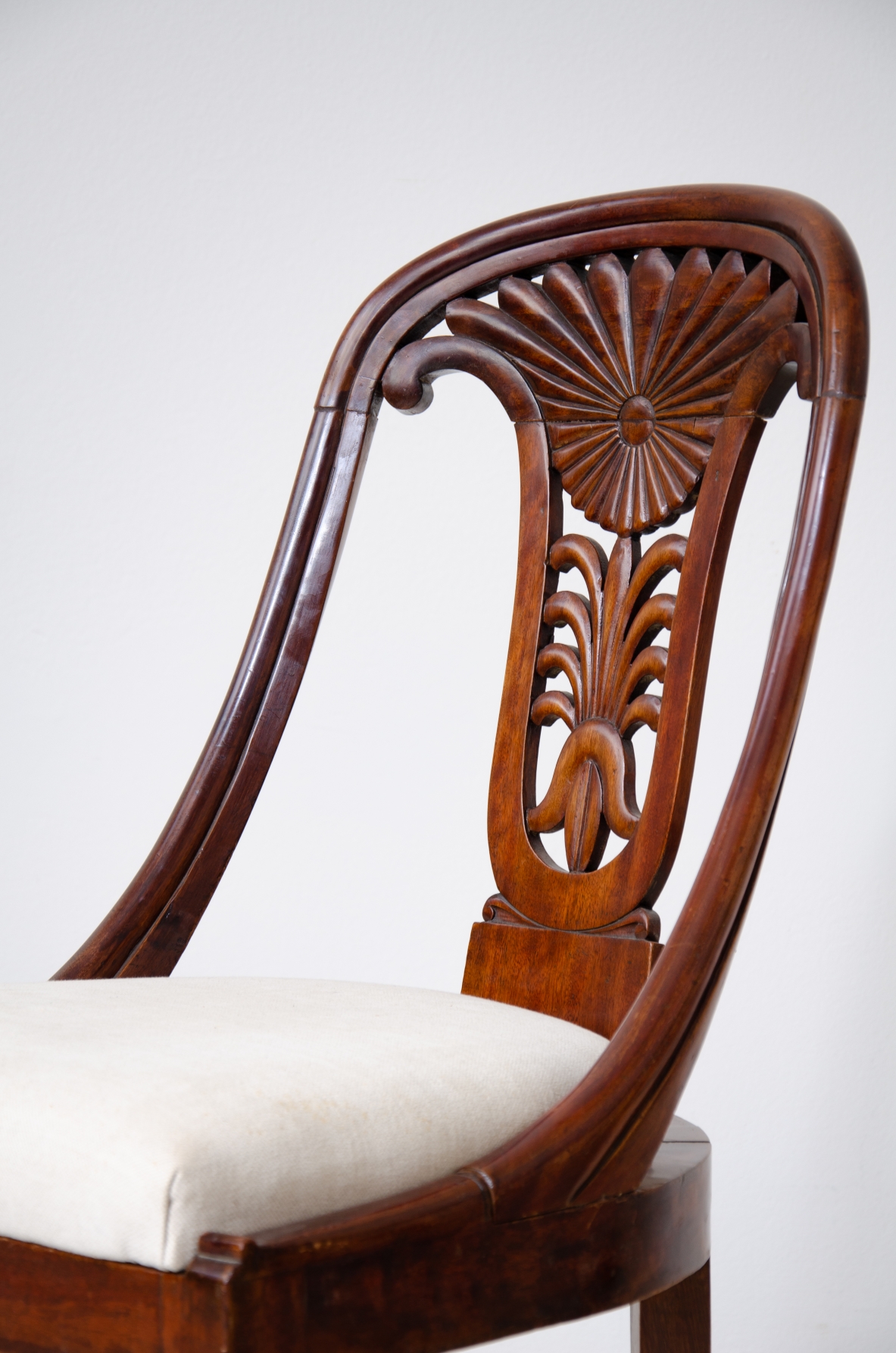 Rare set of 12 antique walnut cockpit chairs in walnut with carved back.  Charles X period,  Northern Italy, around 1830s.