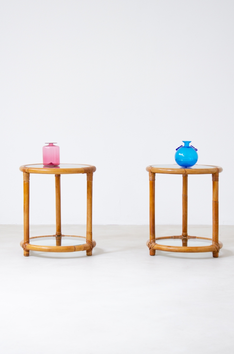 Pair of rattan and curved bamboo coffee tables with two ground glass shelves.  1960's Italian manufacture.
