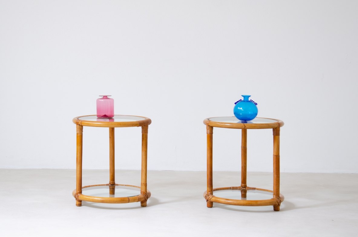 Pair of rattan and curved bamboo coffee tables with two ground glass shelves.  1960's Italian manufacture.