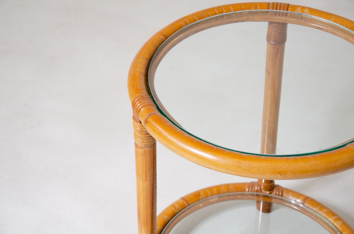 Pair of rattan and curved bamboo coffee tables with two ground glass shelves.  1960's Italian manufacture.