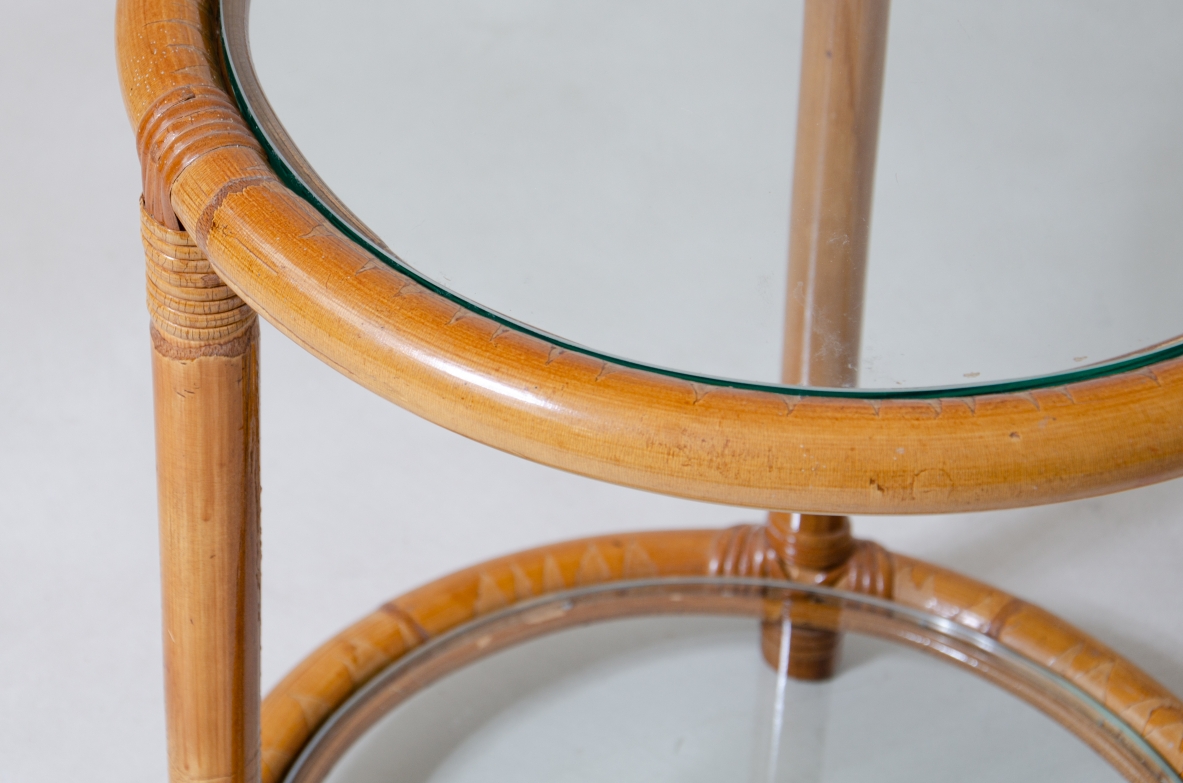 Pair of rattan and curved bamboo coffee tables with two ground glass shelves.  1960's Italian manufacture.