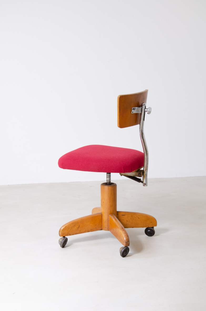 Desk chair with metal and wood structure, upholstered seat.  Italian manufacture, 1940s.