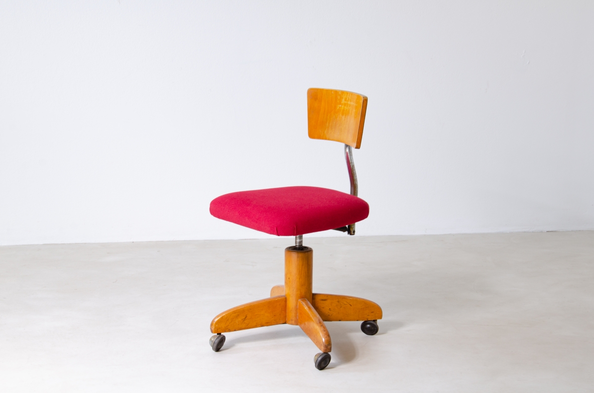 Desk chair with metal and wood structure, upholstered seat.  Italian manufacture, 1940s.