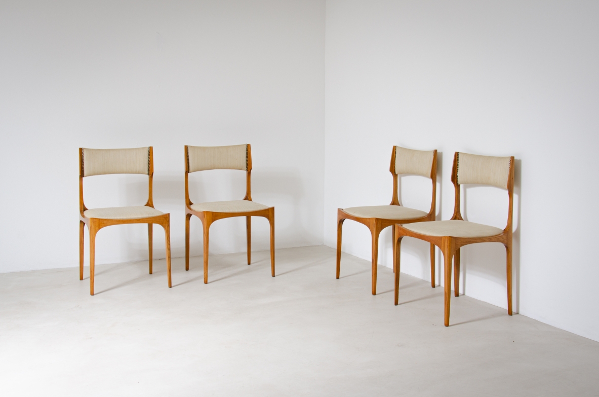 Giuseppe Gibelli  Set of 4 chairs in ash and upholstered fabric.  Sormani Manufacture, 1963.