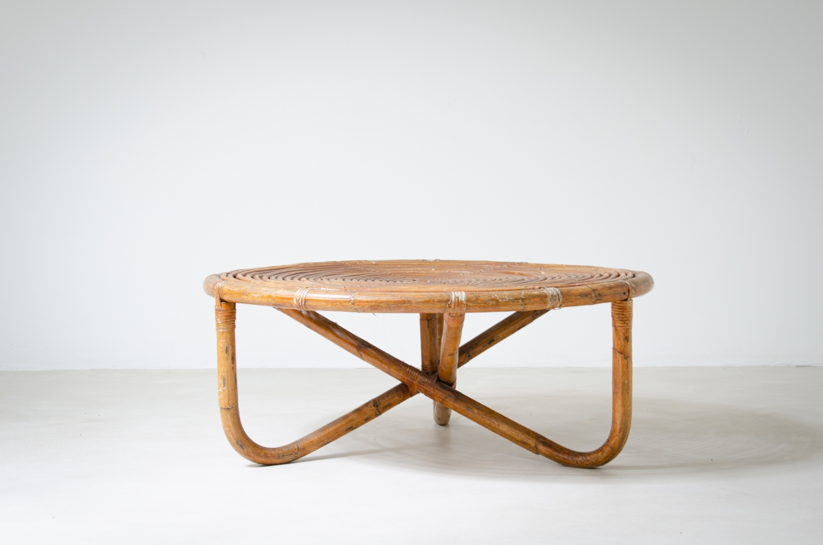 Low table in rush and rattan.  Italian manufacture from the 1960s.
