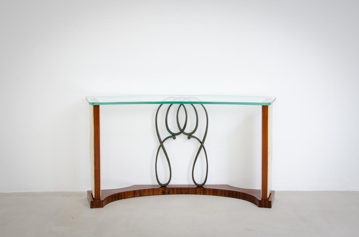 Elegante console con montanti laterali rivestiti in pergamena Attr.Guglielmo Ulrich, 1940ca.