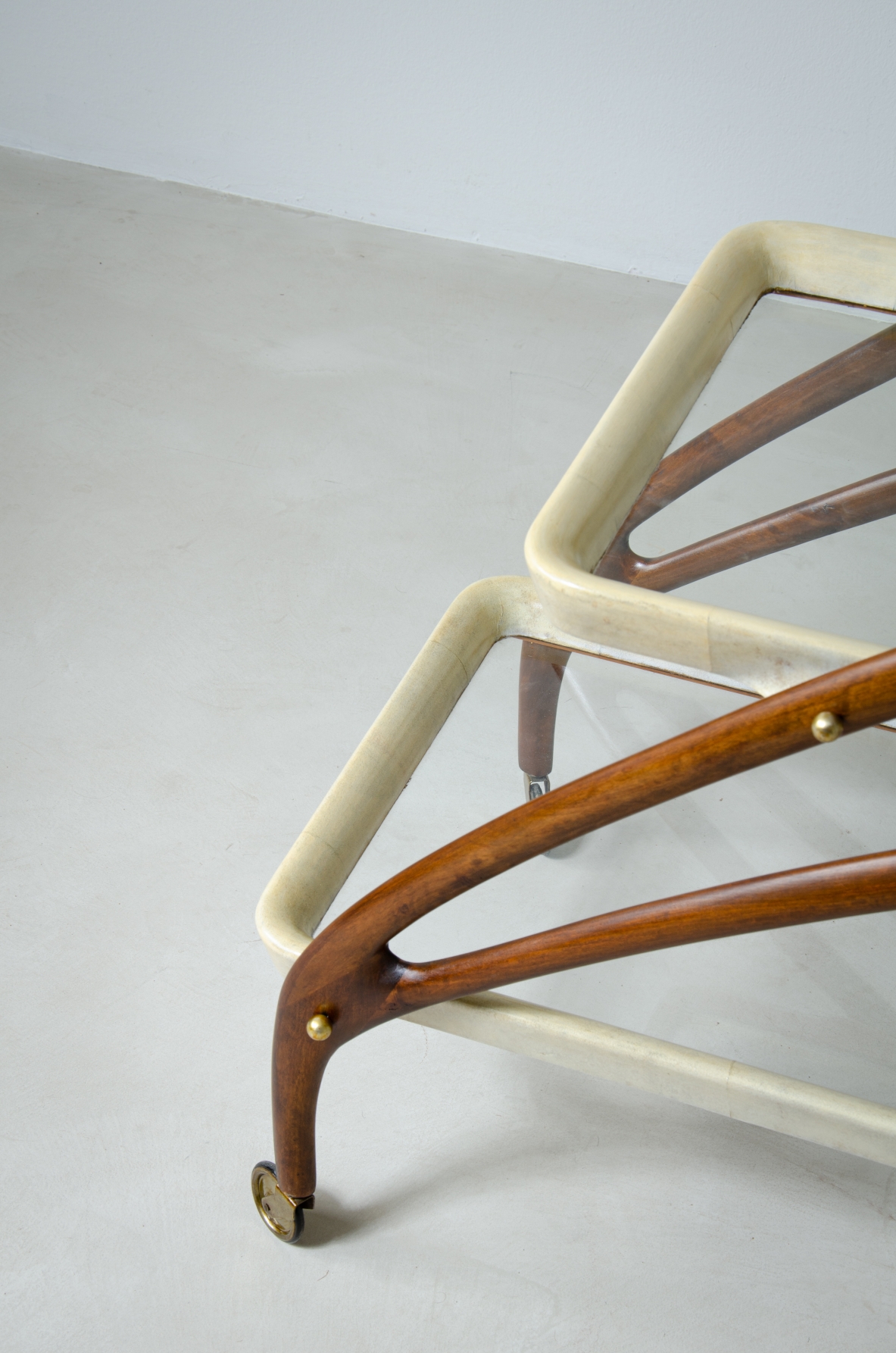 Bentwood service trolley with two glass and parchment tops.  1950's Italian manufacture.