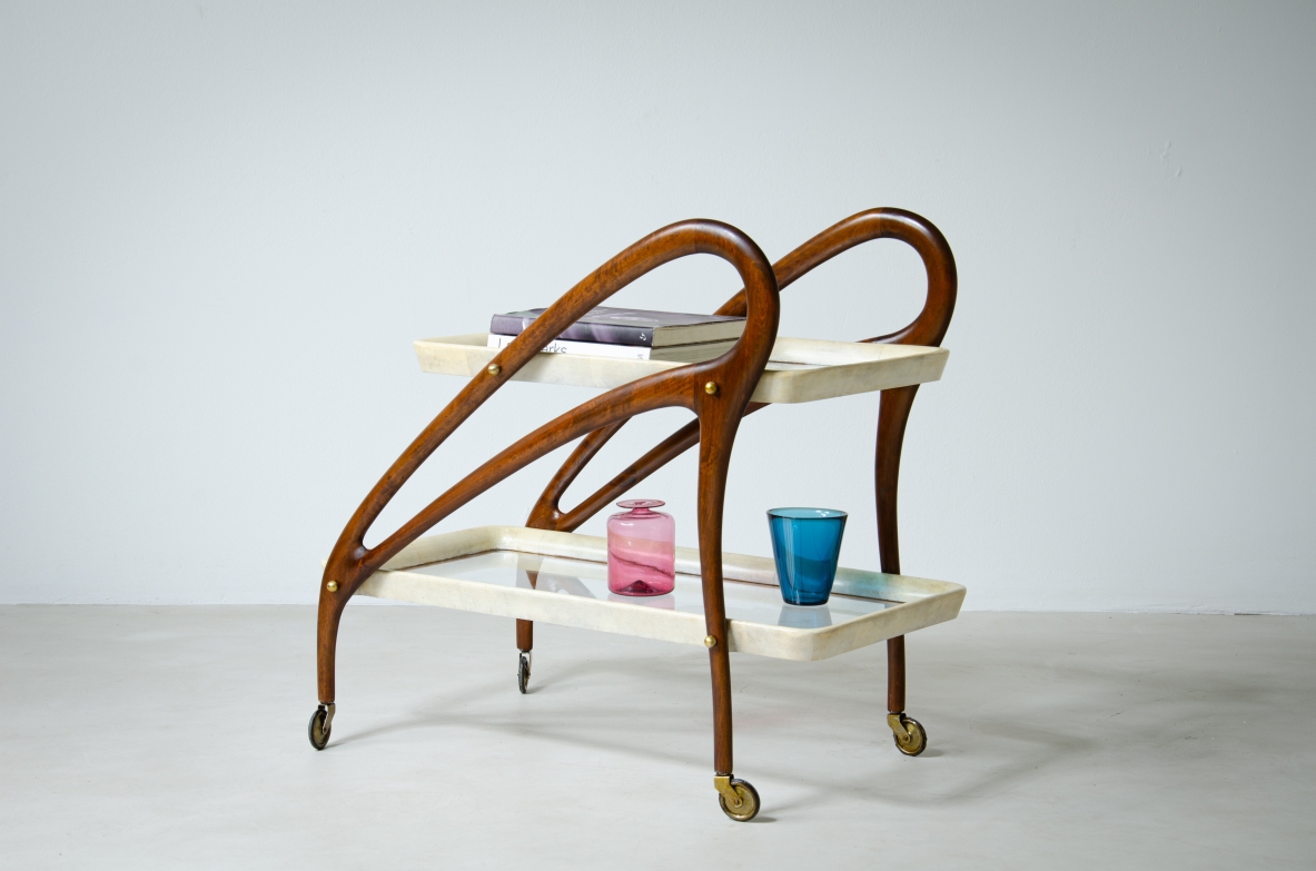 Bentwood service trolley with two glass and parchment tops.  1950's Italian manufacture.