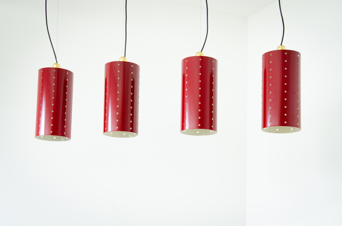 Set of four ceiling lamps with painted metal shade and brass cup.  1960's Italian manufacture.