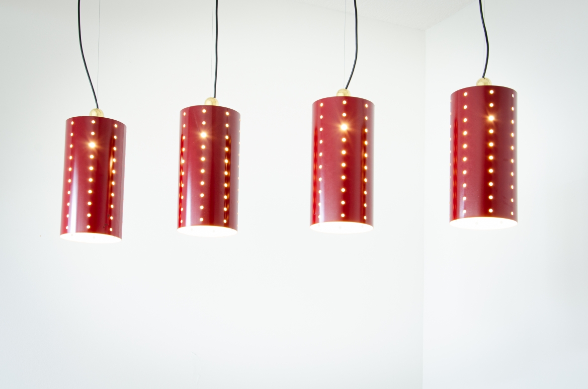 Set of four ceiling lamps with painted metal shade and brass cup.  1960's Italian manufacture.
